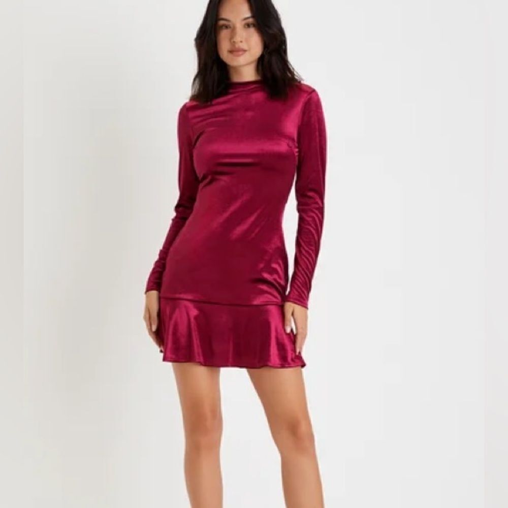 Lulu’s berry pink velvet long sleeve mock neck mini dress size xl holiday party